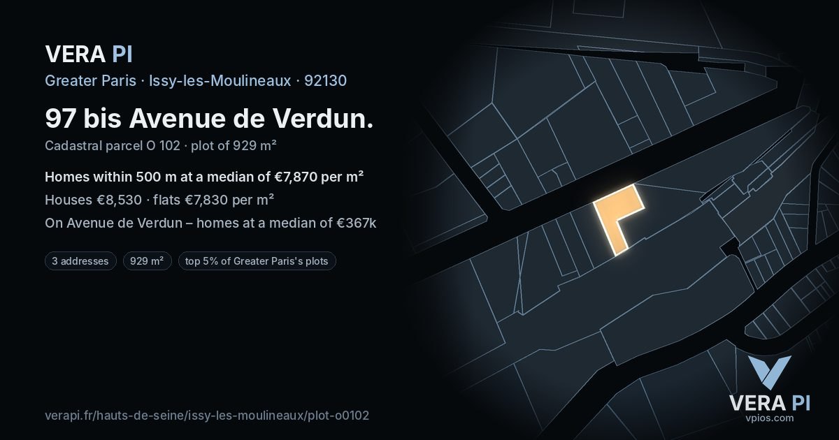 97 bis Avenue de Verdun, Issy-les-Moulineaux at night – the plot lit, the parcels around coloured by the prices near them