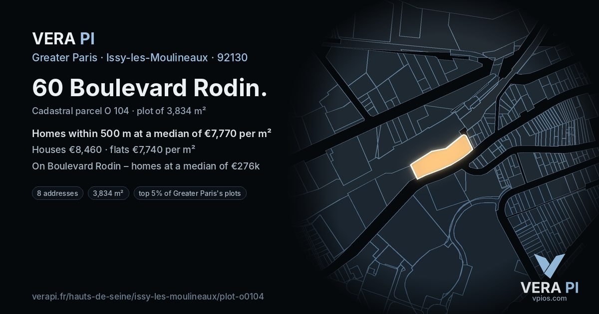 60 Boulevard Rodin, Issy-les-Moulineaux at night – the plot lit, the parcels around coloured by the prices near them