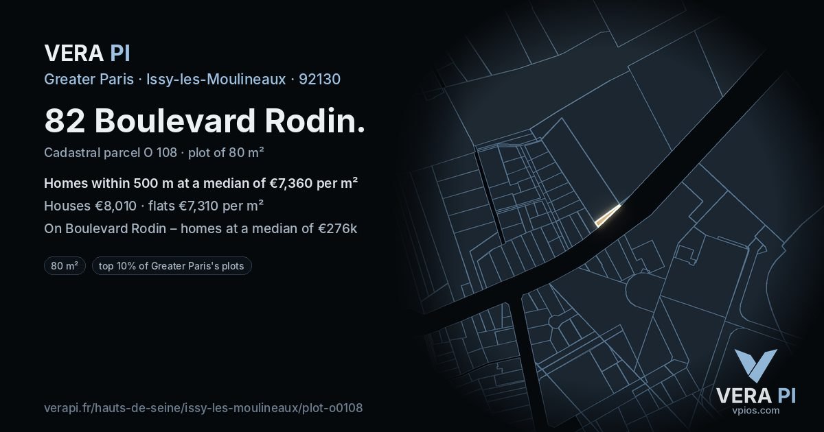 82 Boulevard Rodin, Issy-les-Moulineaux at night – the plot lit, the parcels around coloured by the prices near them