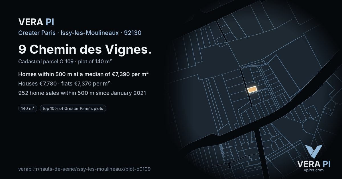9 Chemin des Vignes, Issy-les-Moulineaux at night – the plot lit, the parcels around coloured by the prices near them