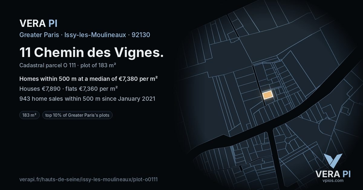 11 Chemin des Vignes, Issy-les-Moulineaux at night – the plot lit, the parcels around coloured by the prices near them