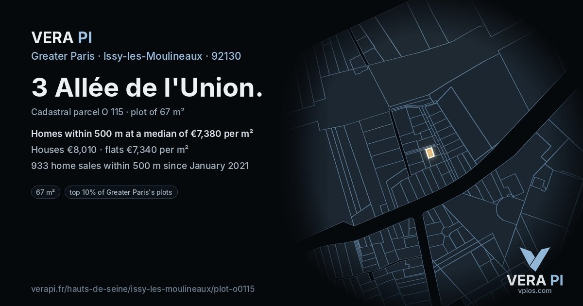 3 Allée de l'Union, Issy-les-Moulineaux at night – the plot lit, the parcels around coloured by the prices near them