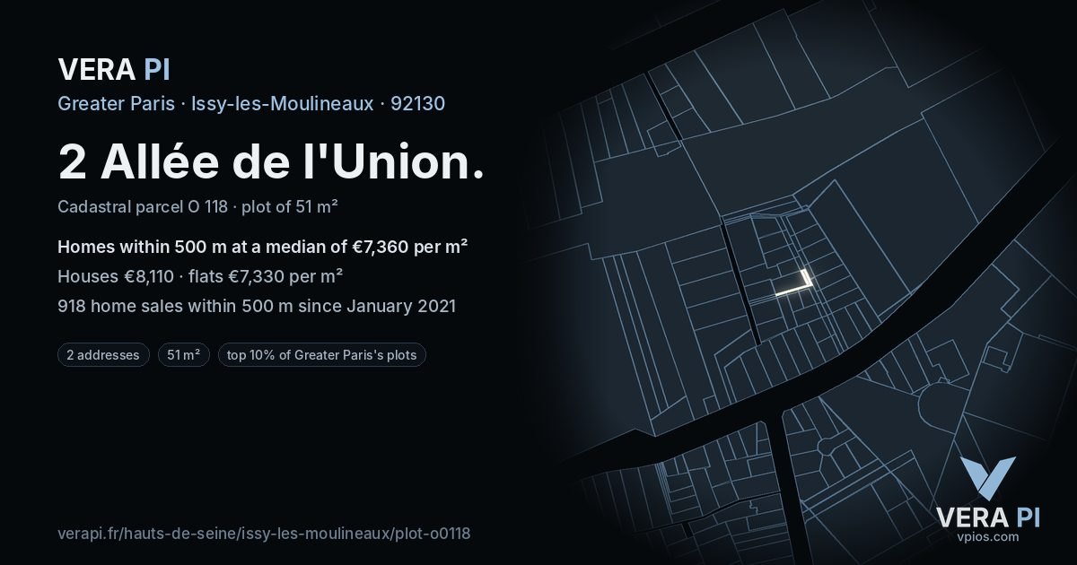 2 Allée de l'Union, Issy-les-Moulineaux at night – the plot lit, the parcels around coloured by the prices near them