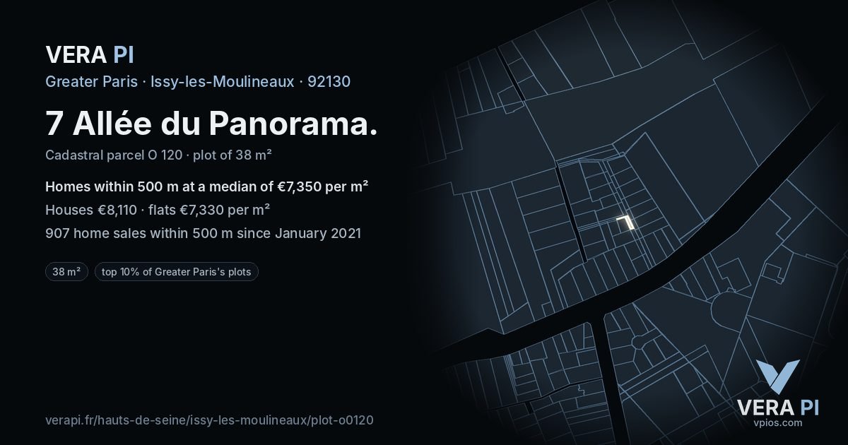 7 Allée du Panorama, Issy-les-Moulineaux at night – the plot lit, the parcels around coloured by the prices near them
