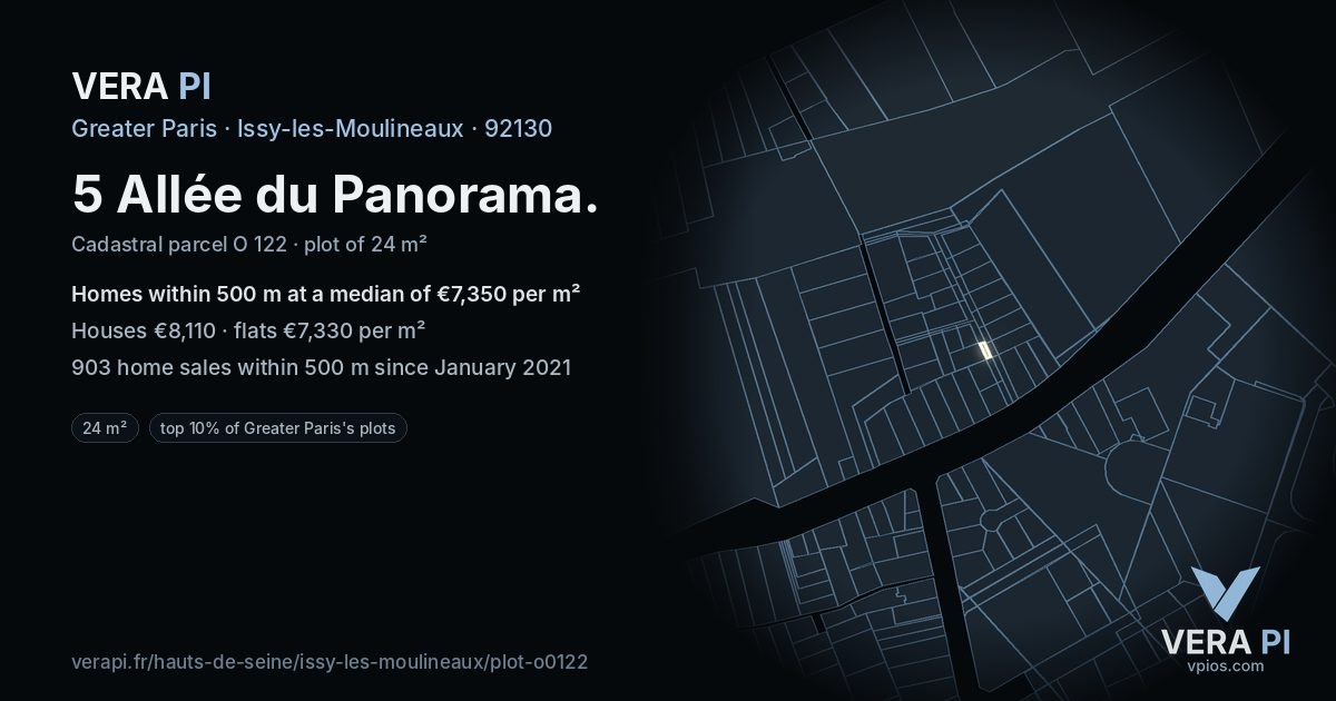 5 Allée du Panorama, Issy-les-Moulineaux at night – the plot lit, the parcels around coloured by the prices near them