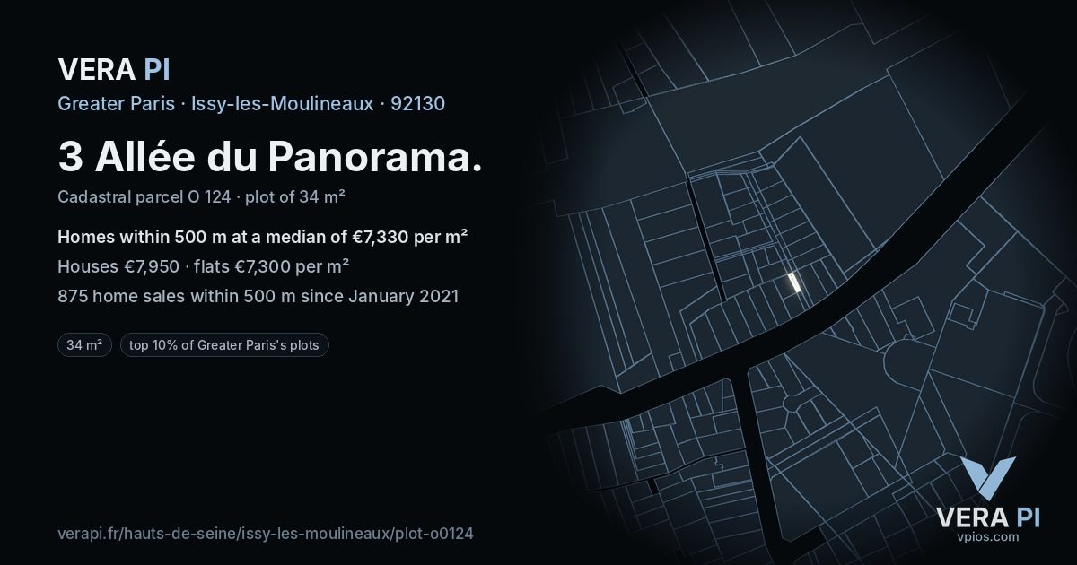 3 Allée du Panorama, Issy-les-Moulineaux at night – the plot lit, the parcels around coloured by the prices near them