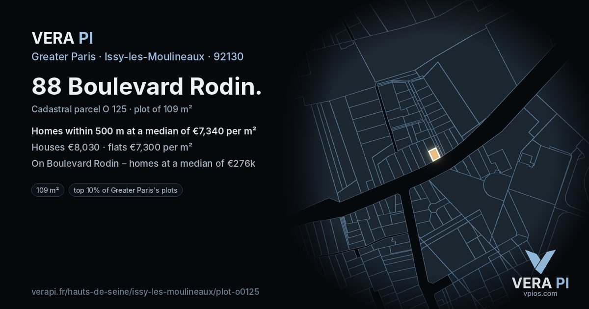 88 Boulevard Rodin, Issy-les-Moulineaux at night – the plot lit, the parcels around coloured by the prices near them