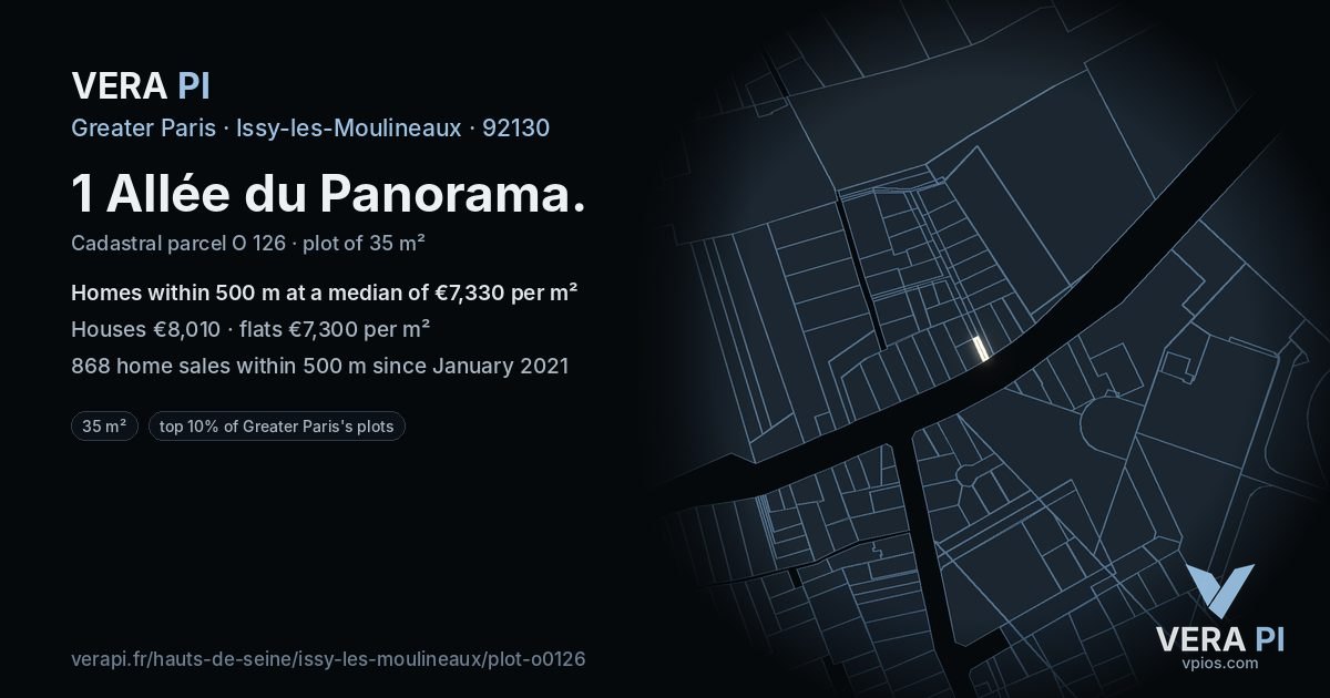 1 Allée du Panorama, Issy-les-Moulineaux at night – the plot lit, the parcels around coloured by the prices near them