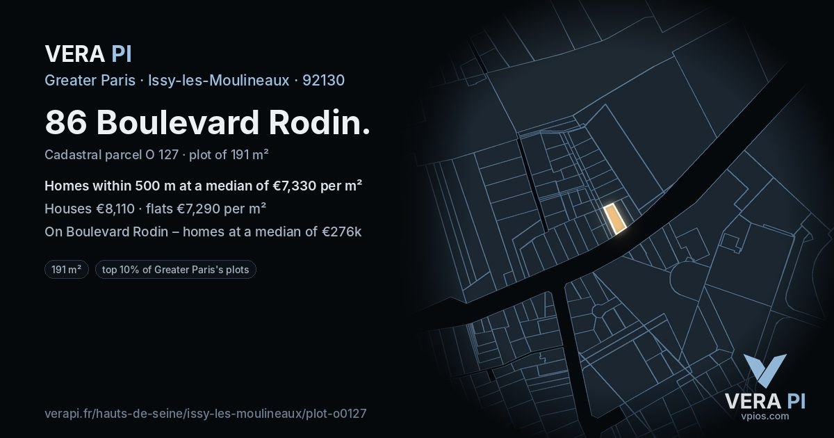 86 Boulevard Rodin, Issy-les-Moulineaux at night – the plot lit, the parcels around coloured by the prices near them