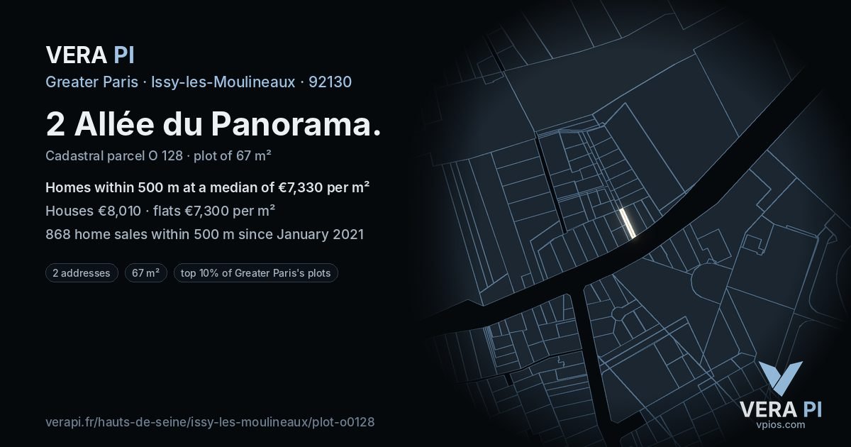 2 Allée du Panorama, Issy-les-Moulineaux at night – the plot lit, the parcels around coloured by the prices near them
