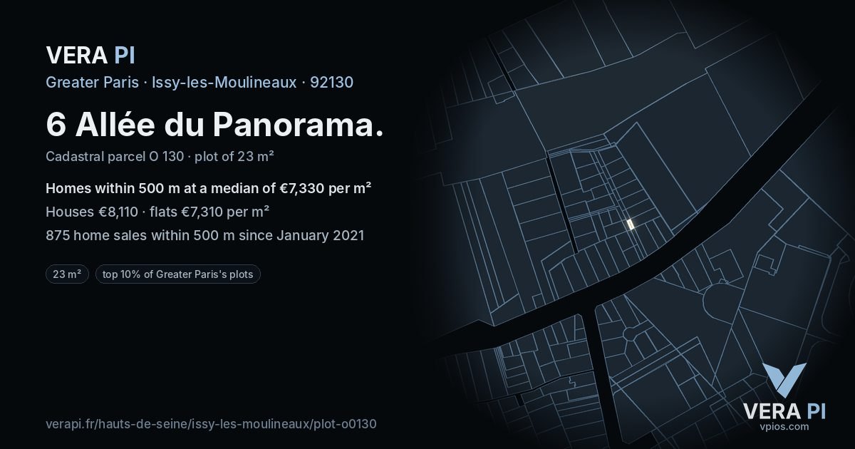 6 Allée du Panorama, Issy-les-Moulineaux at night – the plot lit, the parcels around coloured by the prices near them