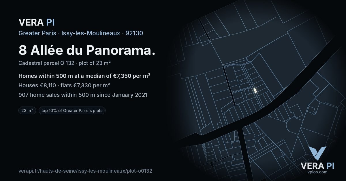 8 Allée du Panorama, Issy-les-Moulineaux at night – the plot lit, the parcels around coloured by the prices near them