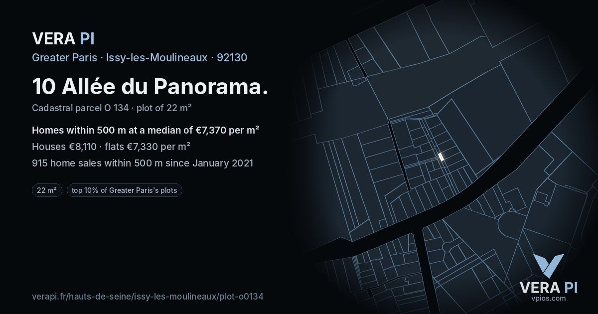 10 Allée du Panorama, Issy-les-Moulineaux at night – the plot lit, the parcels around coloured by the prices near them
