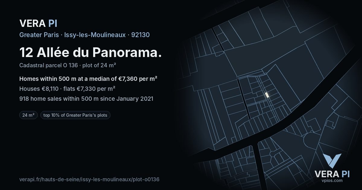 12 Allée du Panorama, Issy-les-Moulineaux at night – the plot lit, the parcels around coloured by the prices near them
