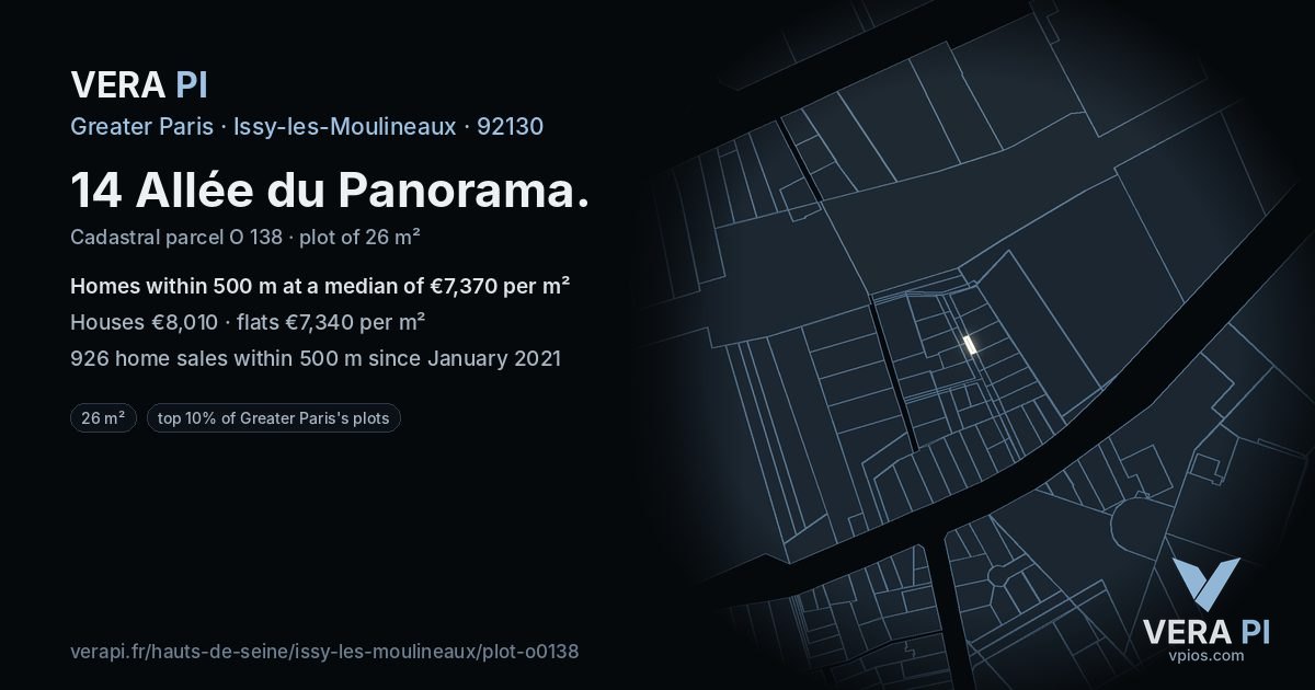 14 Allée du Panorama, Issy-les-Moulineaux at night – the plot lit, the parcels around coloured by the prices near them