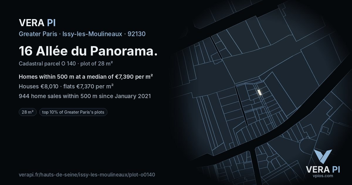16 Allée du Panorama, Issy-les-Moulineaux at night – the plot lit, the parcels around coloured by the prices near them