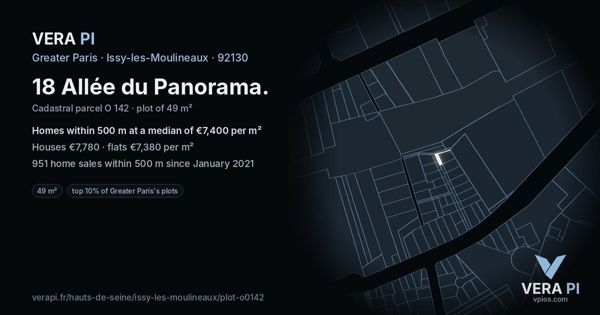 18 Allée du Panorama, Issy-les-Moulineaux at night – the plot lit, the parcels around coloured by the prices near them