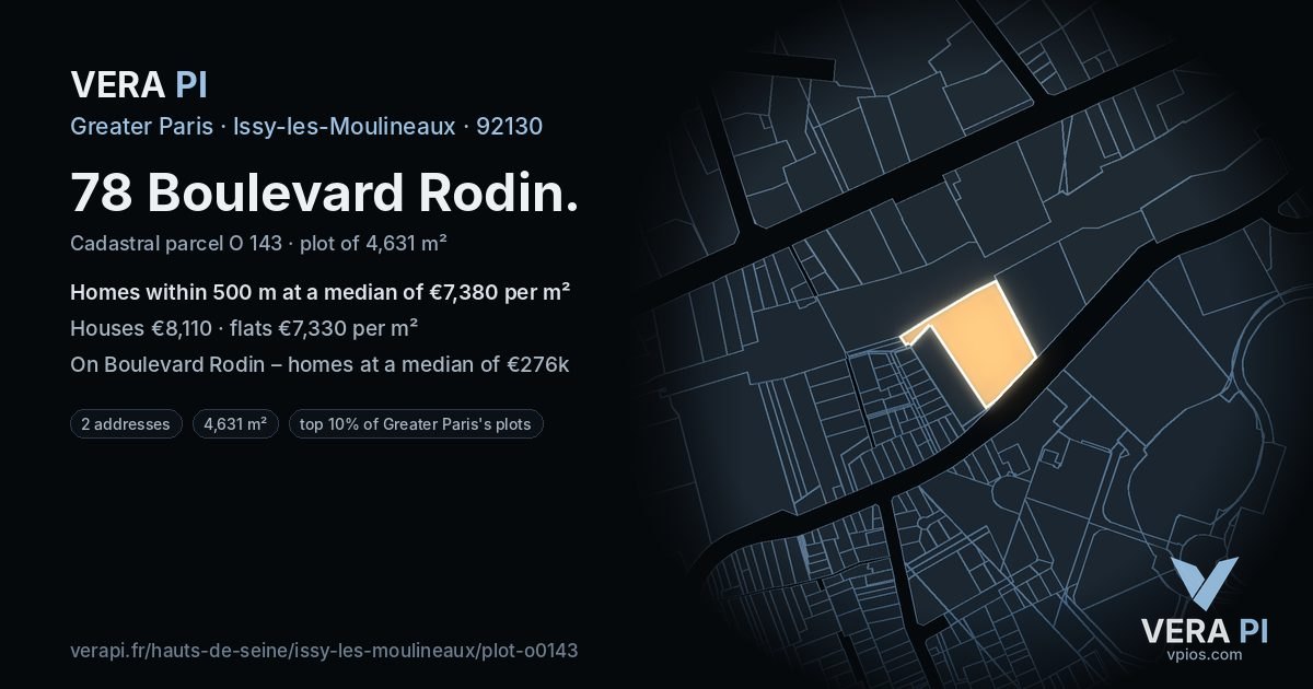78 Boulevard Rodin, Issy-les-Moulineaux at night – the plot lit, the parcels around coloured by the prices near them