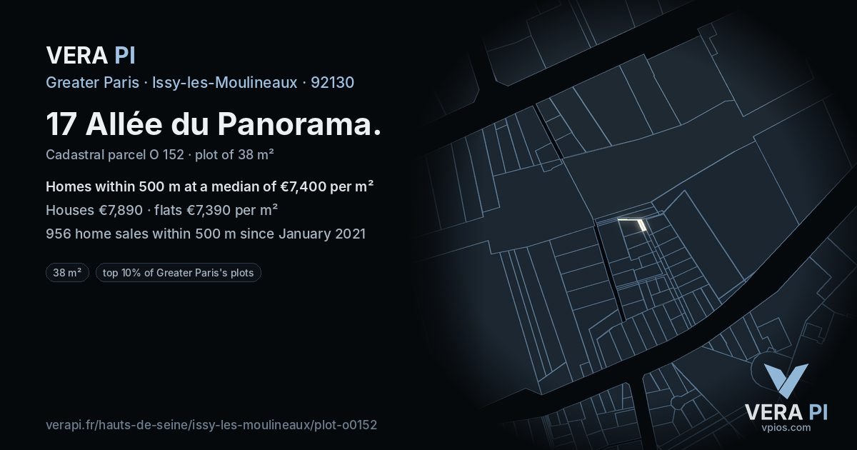 17 Allée du Panorama, Issy-les-Moulineaux at night – the plot lit, the parcels around coloured by the prices near them