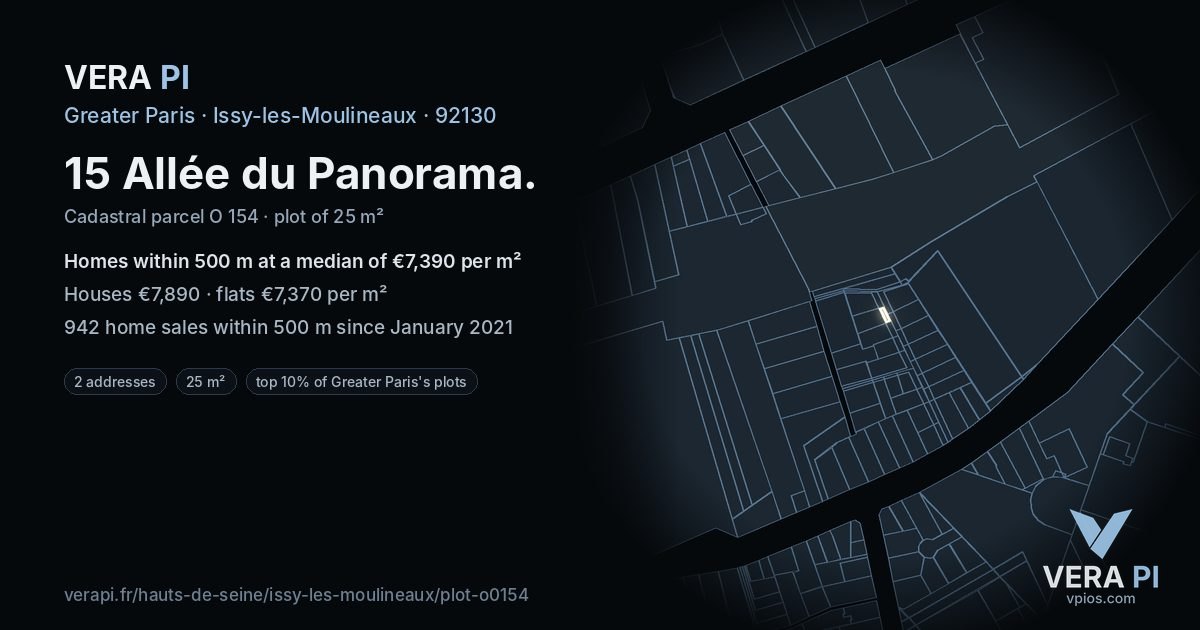 15 Allée du Panorama, Issy-les-Moulineaux at night – the plot lit, the parcels around coloured by the prices near them