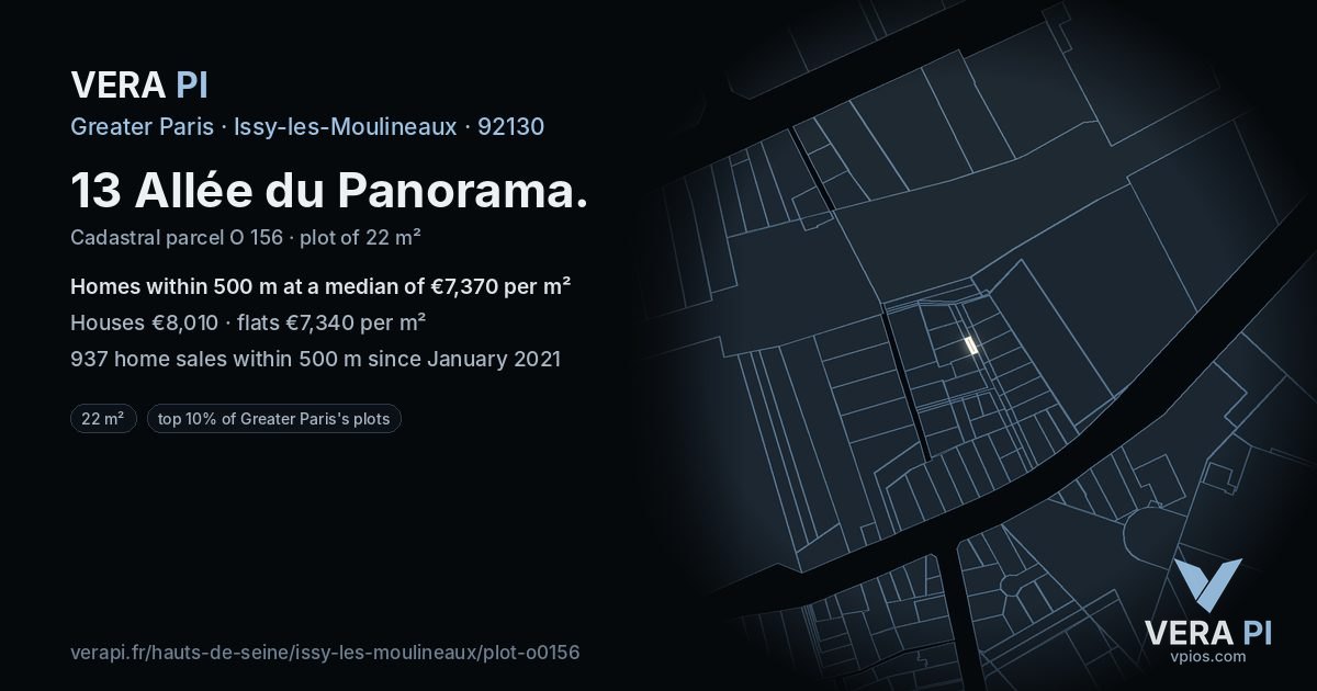 13 Allée du Panorama, Issy-les-Moulineaux at night – the plot lit, the parcels around coloured by the prices near them