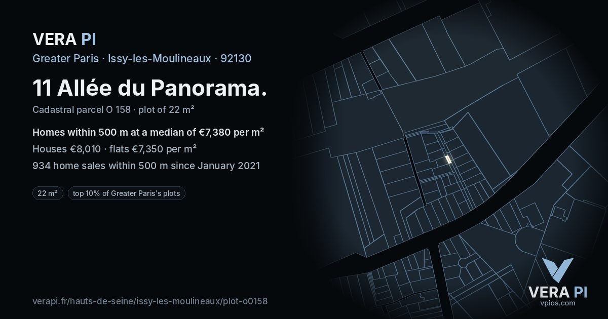 11 Allée du Panorama, Issy-les-Moulineaux at night – the plot lit, the parcels around coloured by the prices near them