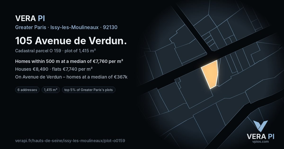 105 Avenue de Verdun, Issy-les-Moulineaux at night – the plot lit, the parcels around coloured by the prices near them