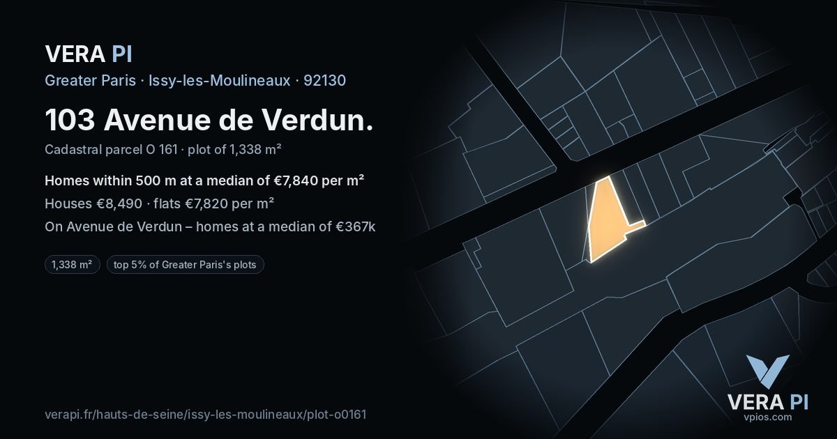 103 Avenue de Verdun, Issy-les-Moulineaux at night – the plot lit, the parcels around coloured by the prices near them