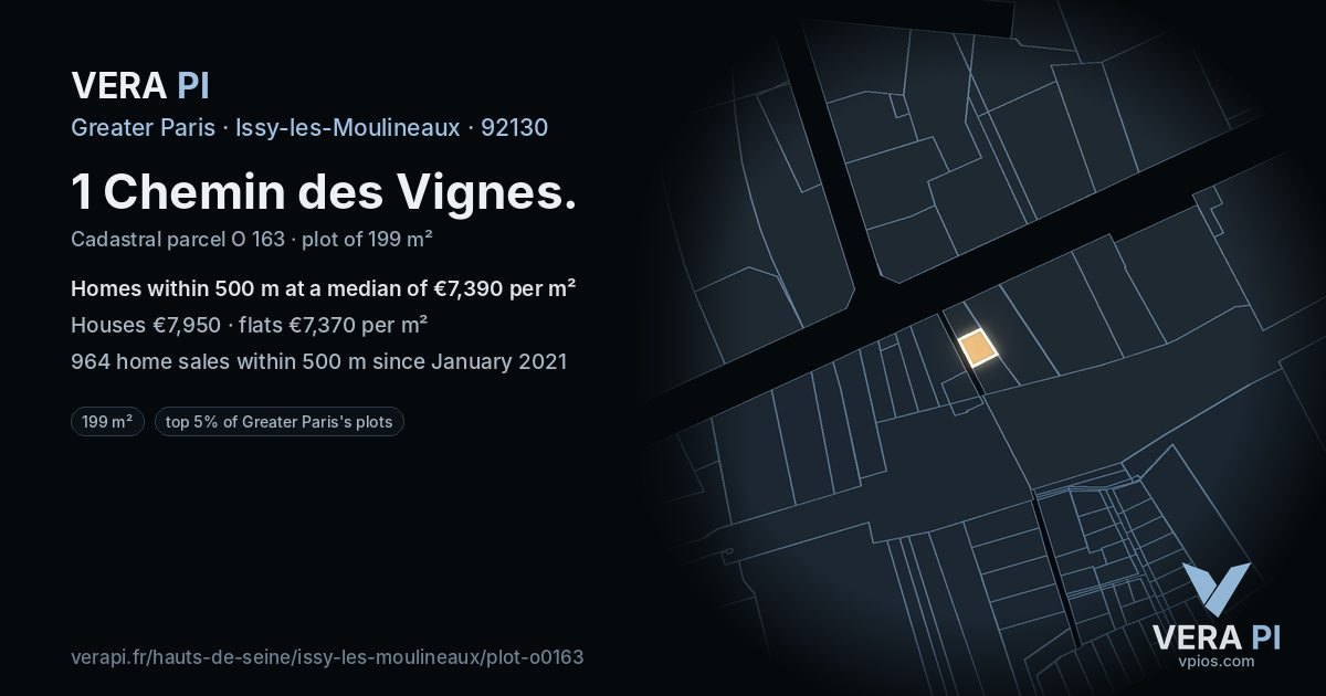 1 Chemin des Vignes, Issy-les-Moulineaux at night – the plot lit, the parcels around coloured by the prices near them