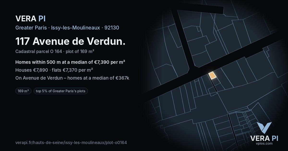 117 Avenue de Verdun, Issy-les-Moulineaux at night – the plot lit, the parcels around coloured by the prices near them