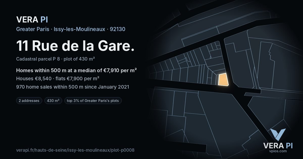 11 Rue de la Gare, Issy-les-Moulineaux at night – the plot lit, the parcels around coloured by the prices near them