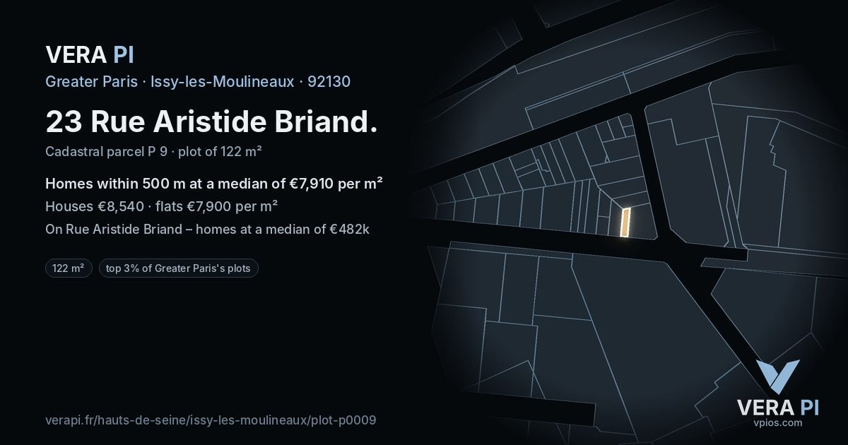 23 Rue Aristide Briand, Issy-les-Moulineaux at night – the plot lit, the parcels around coloured by the prices near them