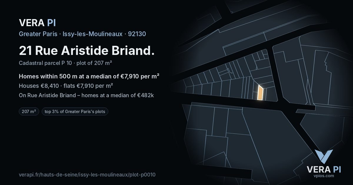 21 Rue Aristide Briand, Issy-les-Moulineaux at night – the plot lit, the parcels around coloured by the prices near them