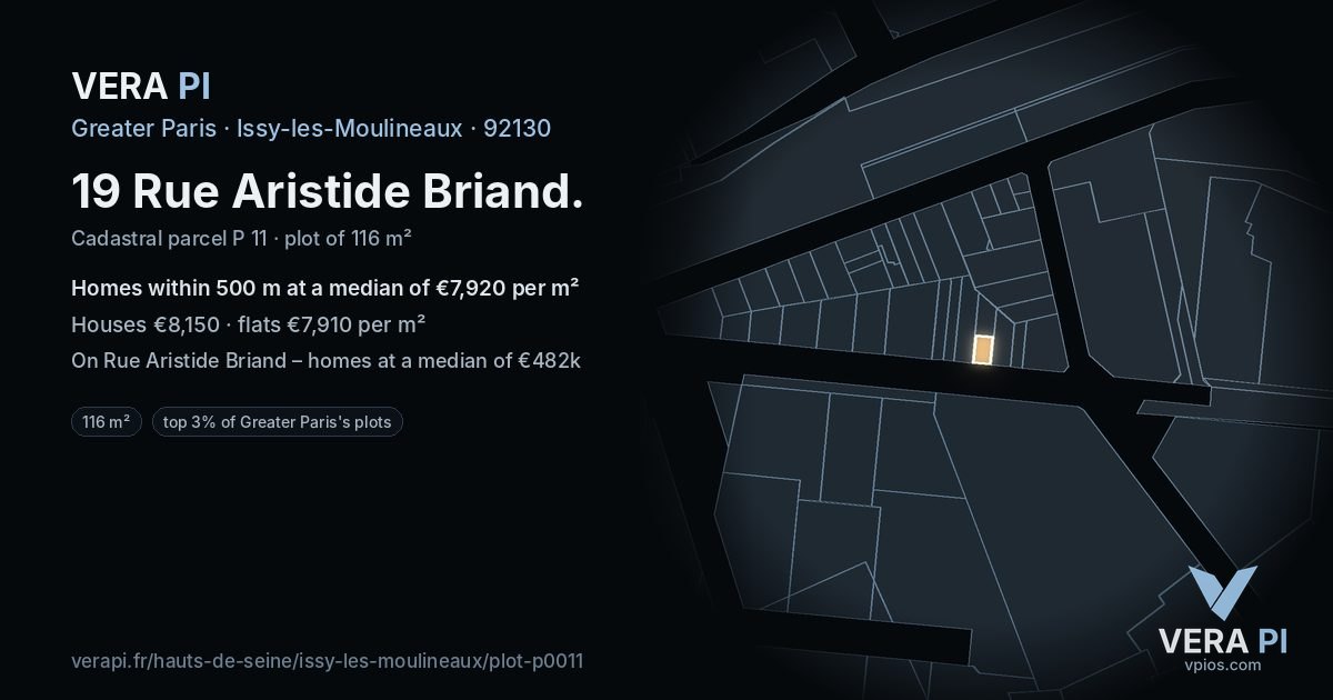 19 Rue Aristide Briand, Issy-les-Moulineaux at night – the plot lit, the parcels around coloured by the prices near them