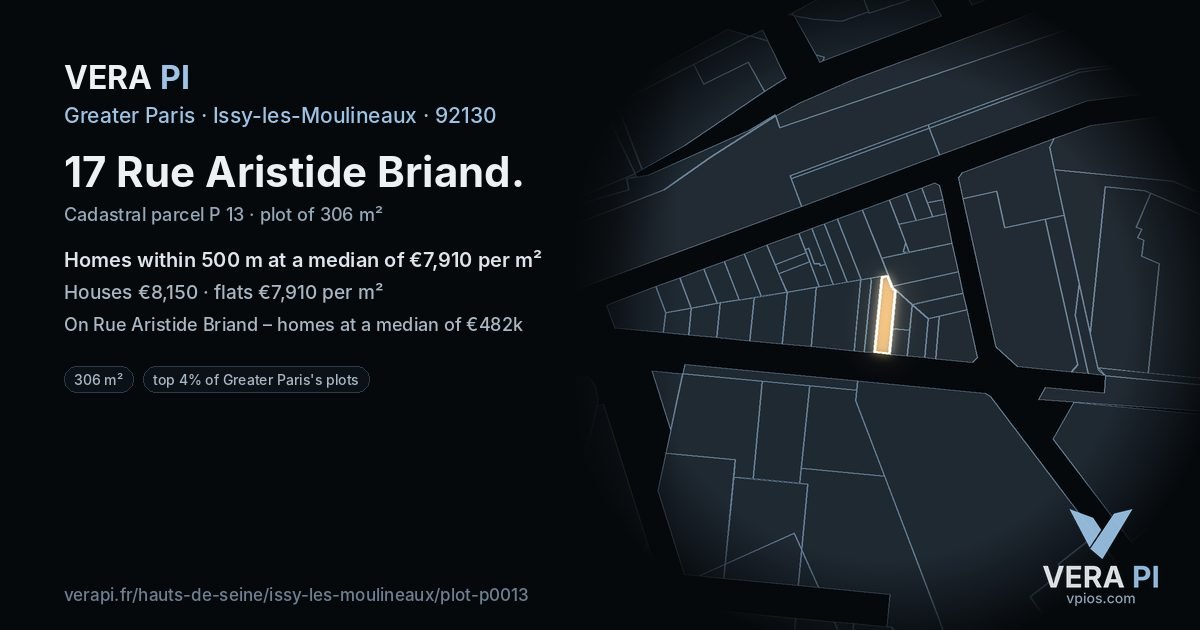17 Rue Aristide Briand, Issy-les-Moulineaux at night – the plot lit, the parcels around coloured by the prices near them