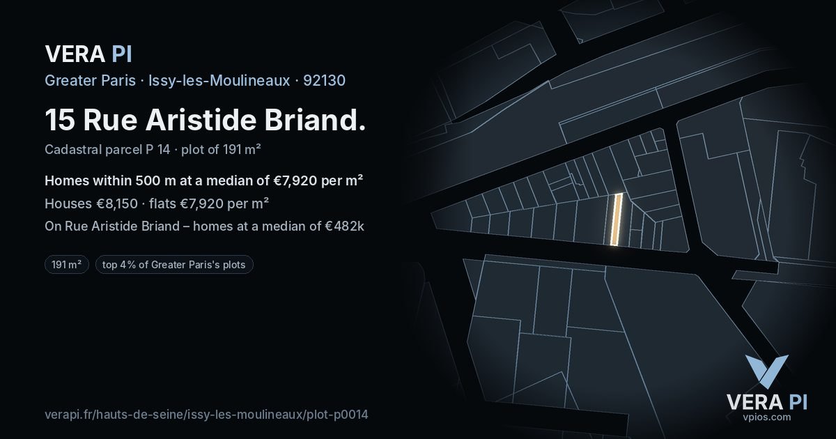 15 Rue Aristide Briand, Issy-les-Moulineaux at night – the plot lit, the parcels around coloured by the prices near them