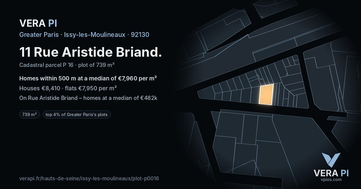 11 Rue Aristide Briand, Issy-les-Moulineaux at night – the plot lit, the parcels around coloured by the prices near them
