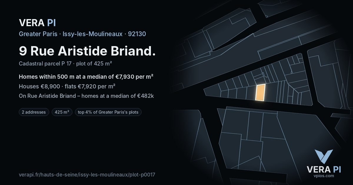 9 Rue Aristide Briand, Issy-les-Moulineaux at night – the plot lit, the parcels around coloured by the prices near them