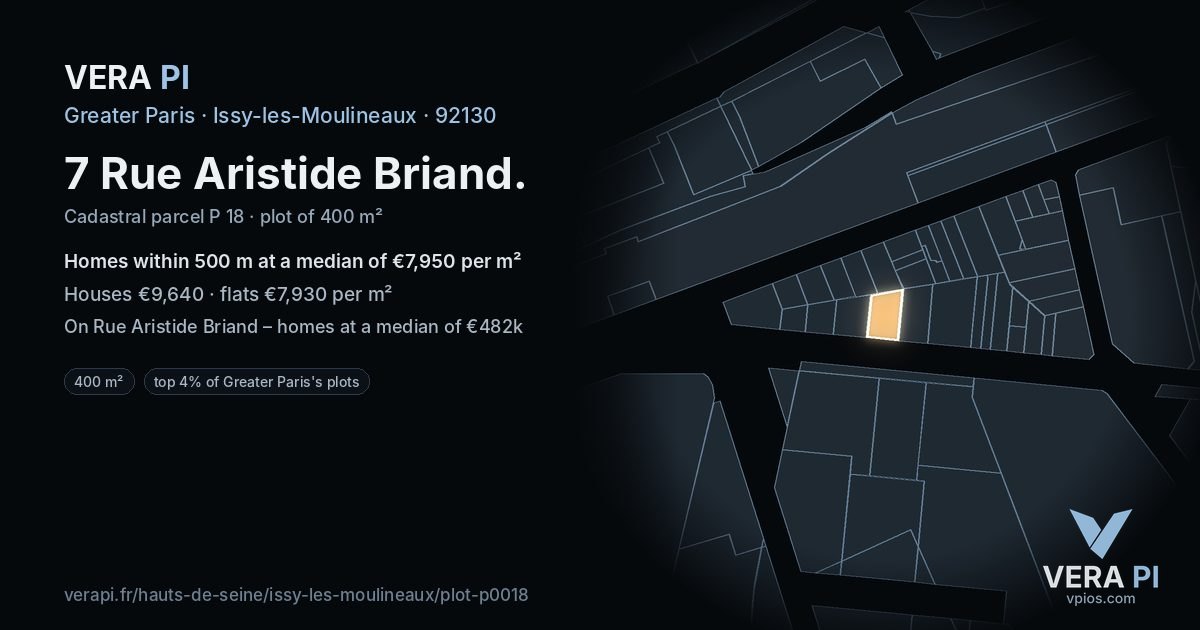 7 Rue Aristide Briand, Issy-les-Moulineaux at night – the plot lit, the parcels around coloured by the prices near them