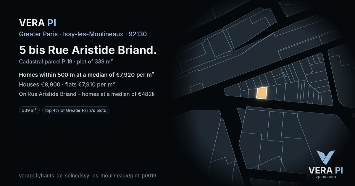 5 bis Rue Aristide Briand, Issy-les-Moulineaux at night – the plot lit, the parcels around coloured by the prices near them