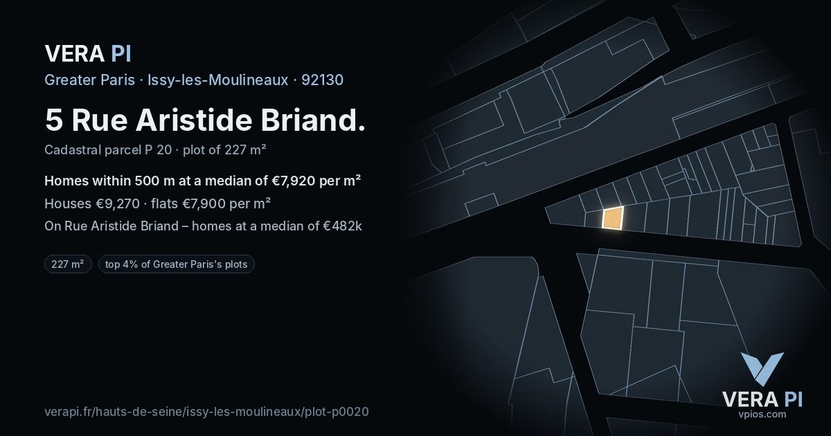 5 Rue Aristide Briand, Issy-les-Moulineaux at night – the plot lit, the parcels around coloured by the prices near them