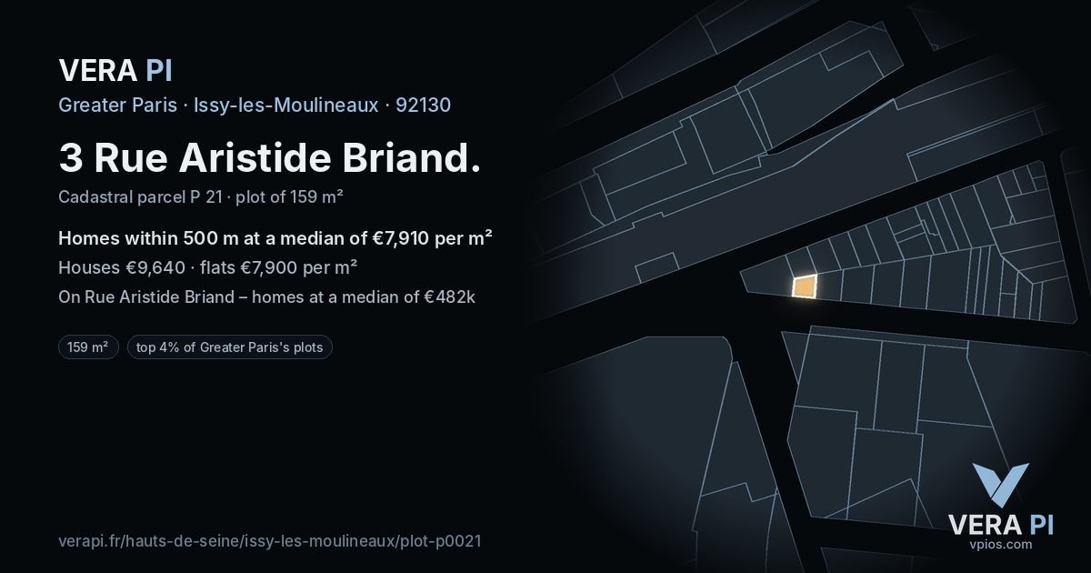 3 Rue Aristide Briand, Issy-les-Moulineaux at night – the plot lit, the parcels around coloured by the prices near them