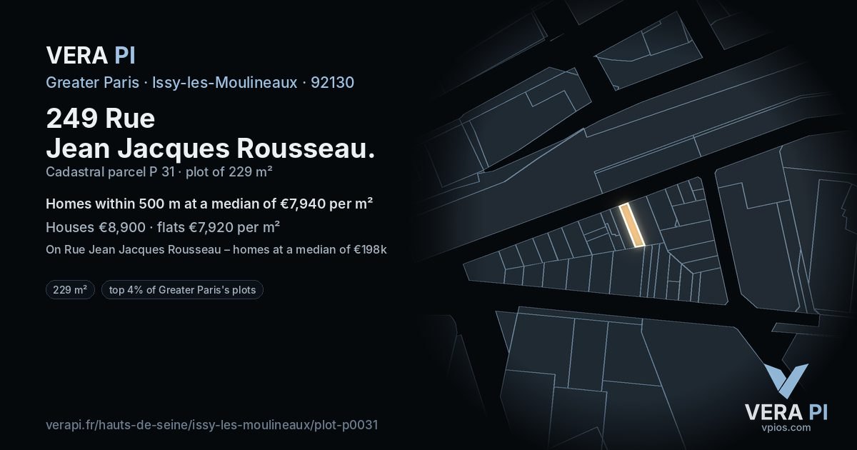 249 Rue Jean Jacques Rousseau, Issy-les-Moulineaux at night – the plot lit, the parcels around coloured by the prices near them