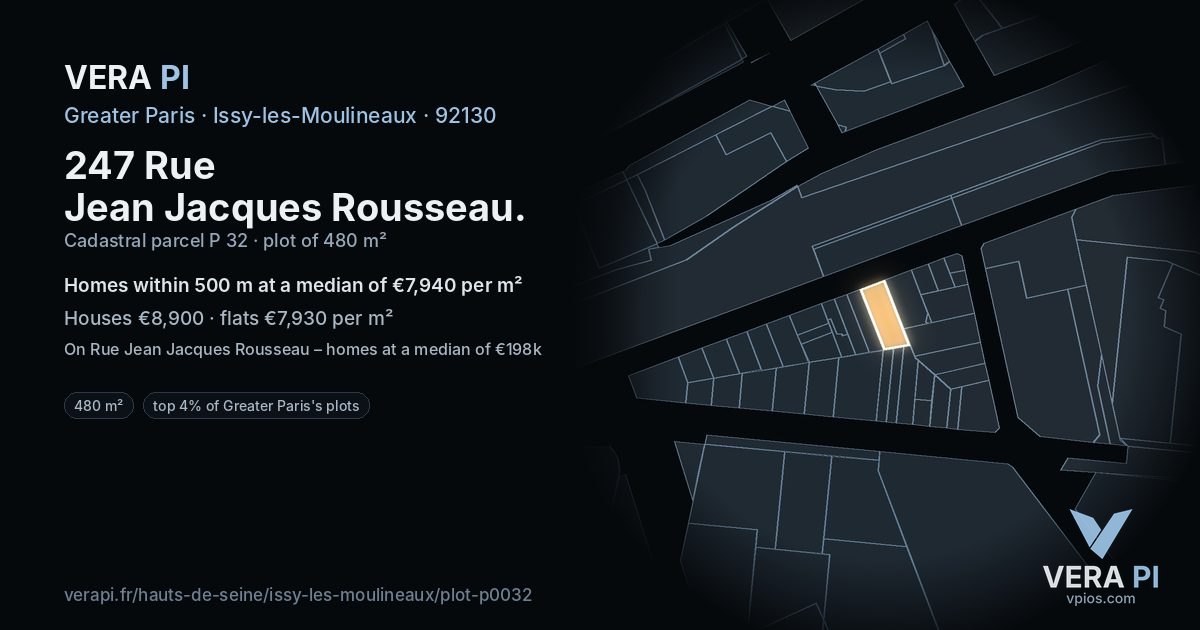 247 Rue Jean Jacques Rousseau, Issy-les-Moulineaux at night – the plot lit, the parcels around coloured by the prices near them