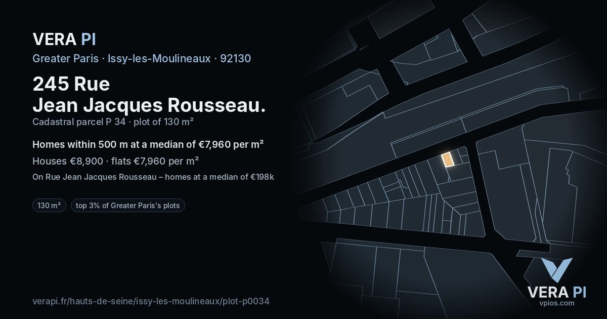 245 Rue Jean Jacques Rousseau, Issy-les-Moulineaux at night – the plot lit, the parcels around coloured by the prices near them