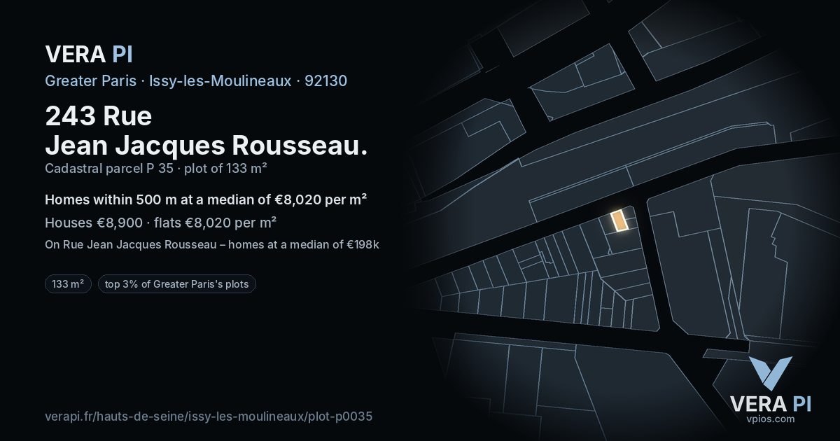 243 Rue Jean Jacques Rousseau, Issy-les-Moulineaux at night – the plot lit, the parcels around coloured by the prices near them