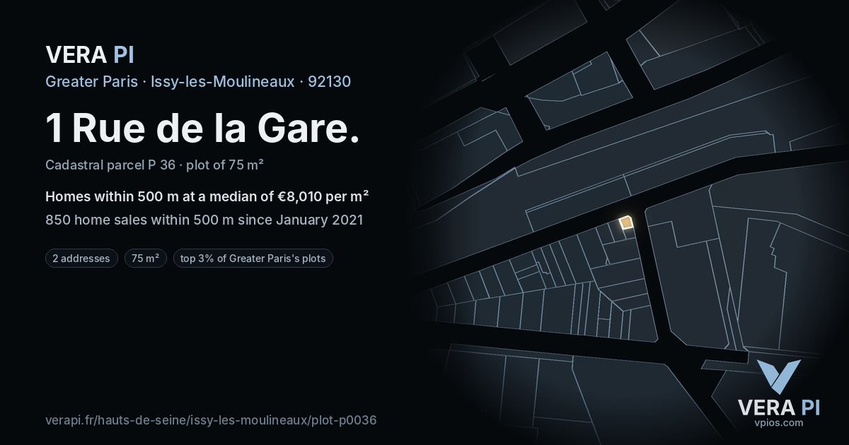 1 Rue de la Gare, Issy-les-Moulineaux at night – the plot lit, the parcels around coloured by the prices near them