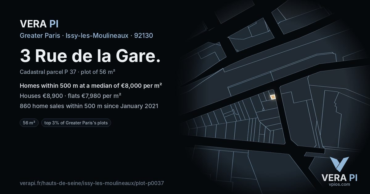 3 Rue de la Gare, Issy-les-Moulineaux at night – the plot lit, the parcels around coloured by the prices near them