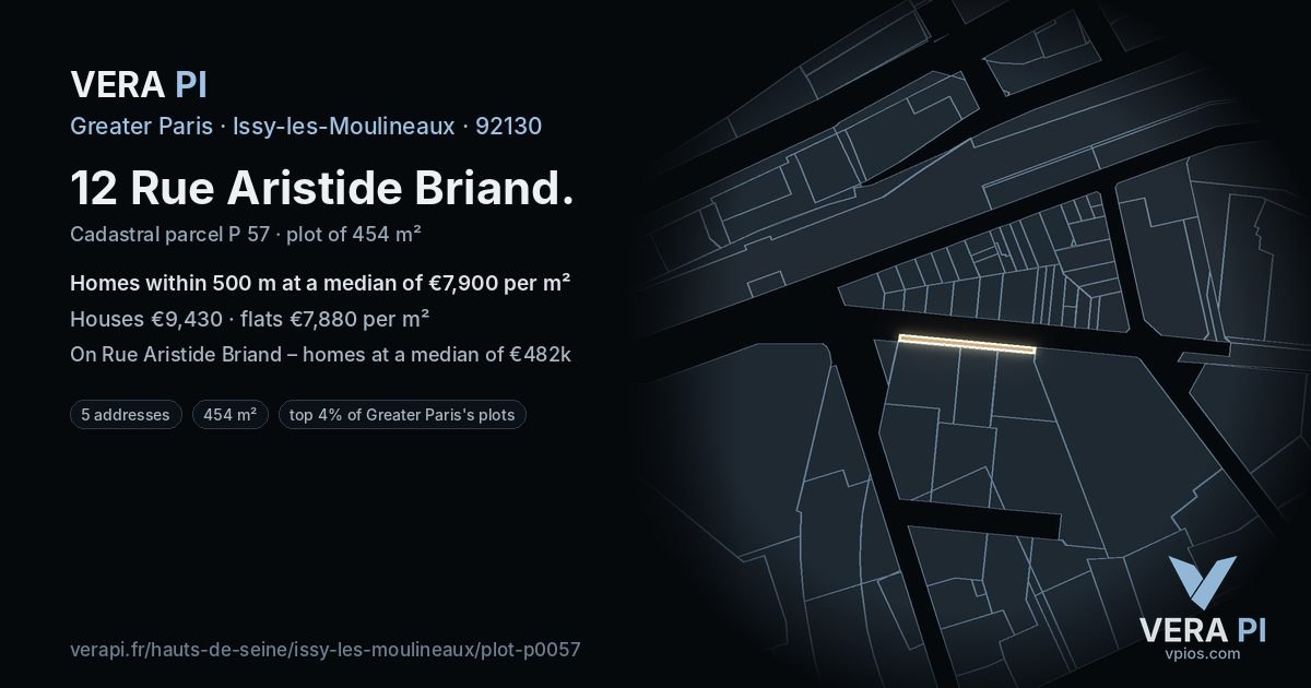 12 Rue Aristide Briand, Issy-les-Moulineaux at night – the plot lit, the parcels around coloured by the prices near them