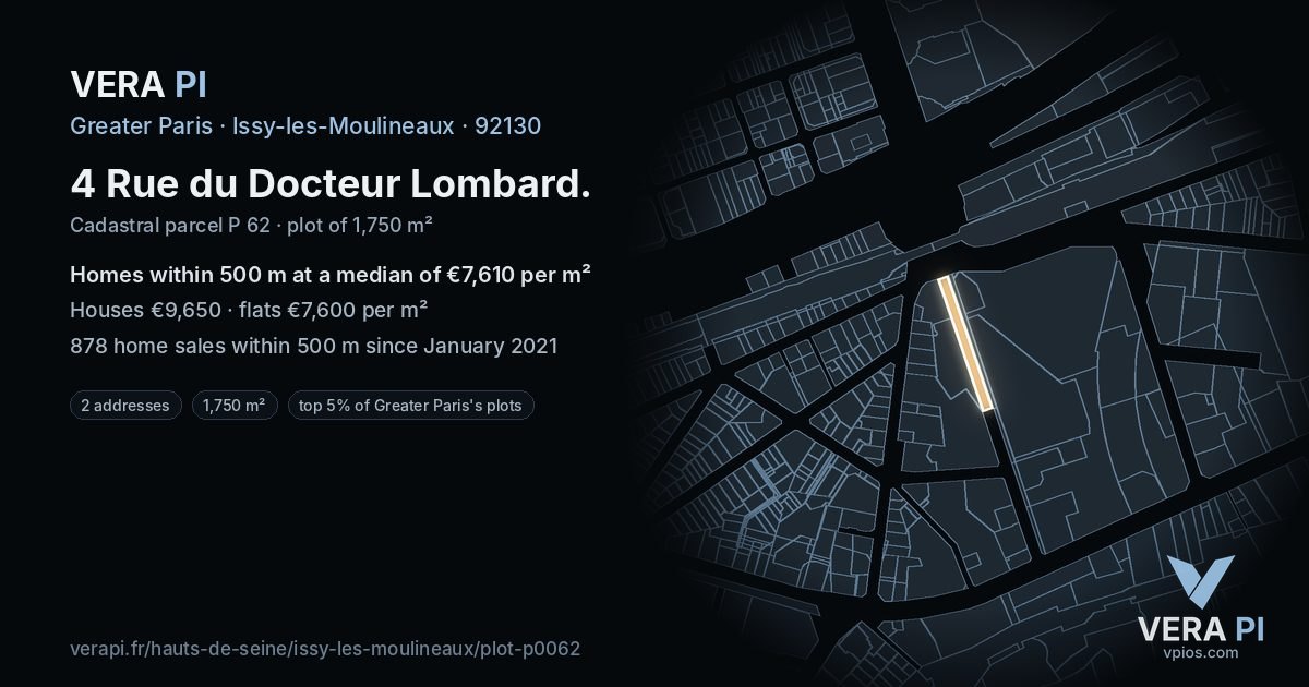 4 Rue du Docteur Lombard, Issy-les-Moulineaux at night – the plot lit, the parcels around coloured by the prices near them